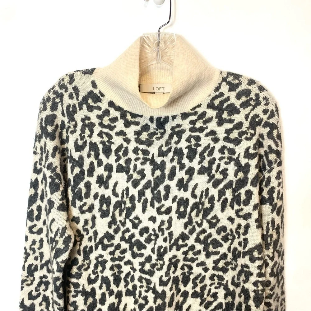 LOFT Leopard Print Jacquard Turtleneck Wool Blend Sweater Dress - Picture 3 of 8